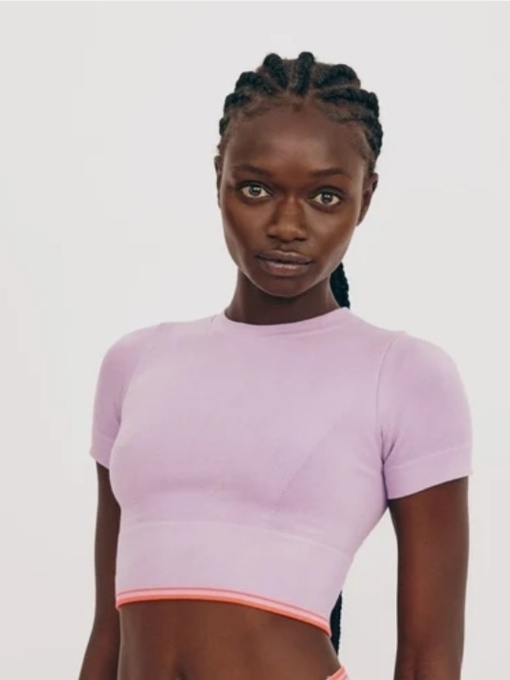 NWT Organic Basics Seamless Lavender Crop Tee W/Pink Hem Sz S - Runs Small